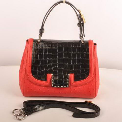 2548 Fendi Silvana Cocco pelle di struzzo Flap Bag 2548 Nero-Rosso